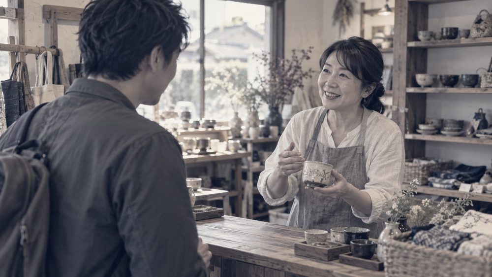 お店で話す店主と、話を聞く人